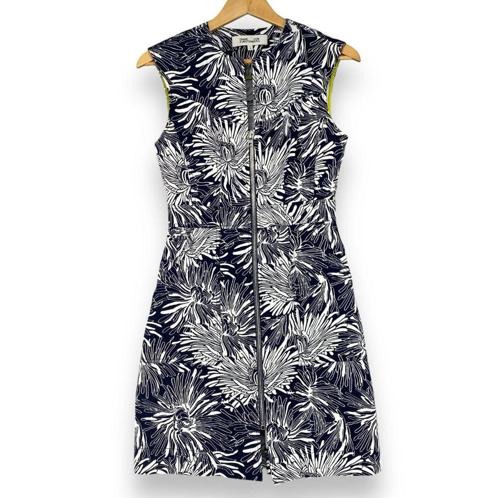 Diane von Furstenberg Dress Womens 4 Navy Blue White Floral Zip Front Sheath DVF